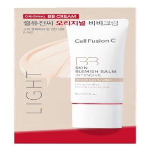 En æske og en tube med Cell Fusion C - Skin Blemish Balm Intensive - Light, med rød, beige og hvid emballage med koreansk og engelsk tekst.