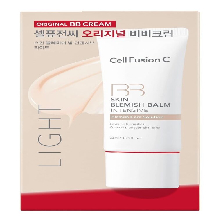 En æske og en tube med Cell Fusion C - Skin Blemish Balm Intensive - Light, med rød, beige og hvid emballage med koreansk og engelsk tekst.