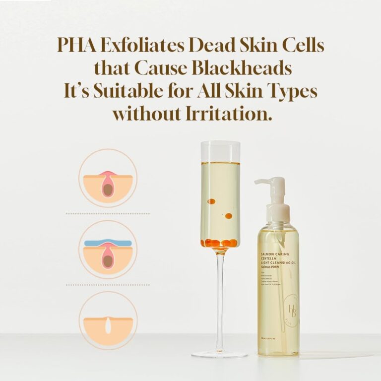 En flaske HEVEBLUE - Salmon Caring Centella Light Cleansing Oil står ved siden af et champagneglas. Teksten ovenover fremhæver PHA, der eksfolierer døde hudceller og hudorme og er velegnet til alle hudtyper. Tre huddiagram-ikoner vises til venstre.