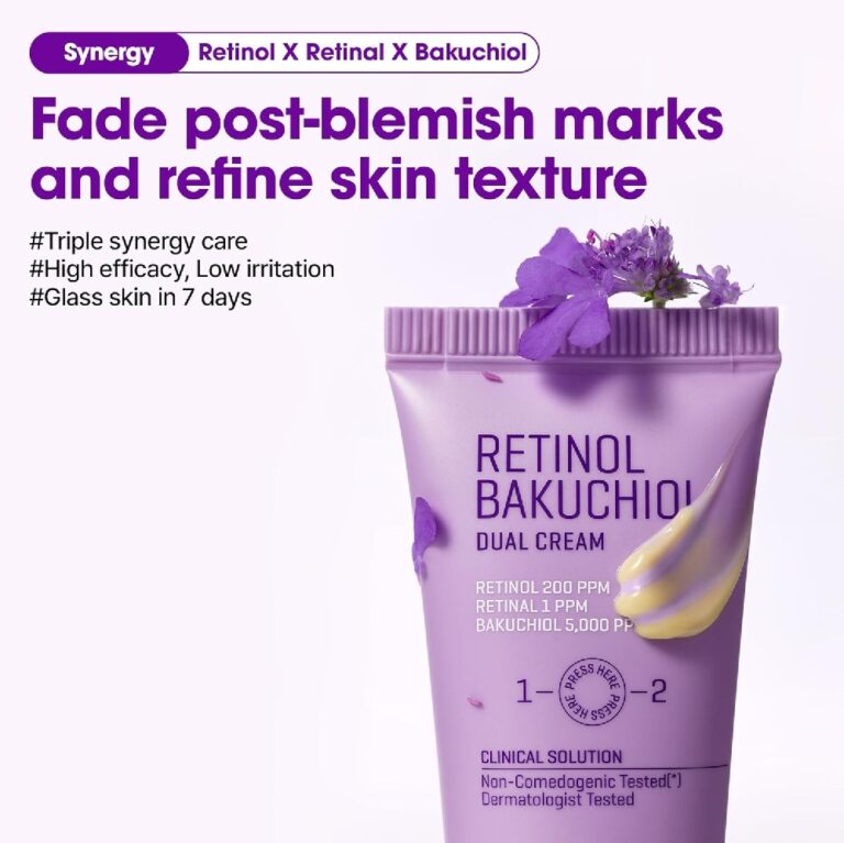 En lilla tube med påskriften Some By Mi - Retinol Bakuchiol Dual Cream står blandt lilla blomster. Ovenover fremhæver teksten fordelene: Fjerner mærker efter urenheder, forfiner tekstur og giver glashud på 7 dage med denne kraftfulde creme.