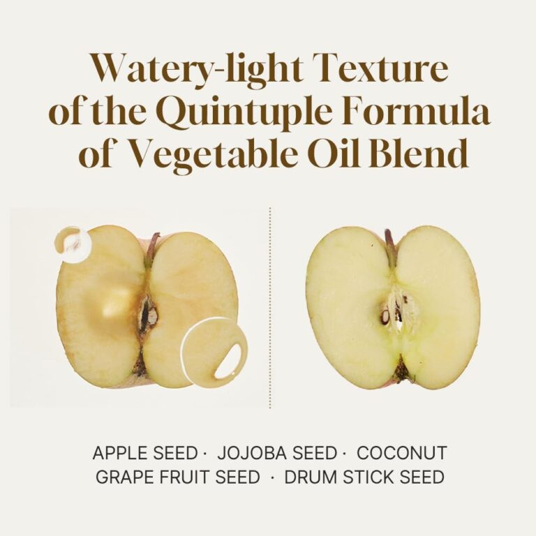 To halverede æbler på creme fremhæver den lette, vandige olietekstur i HEVEBLUE - Salmon Caring Centella Light Cleansing Oil, der indeholder en nærende blanding af æblekerne-, jojobafrø-, kokos-, grapefrugtkerne- og drumstick-frøolie.