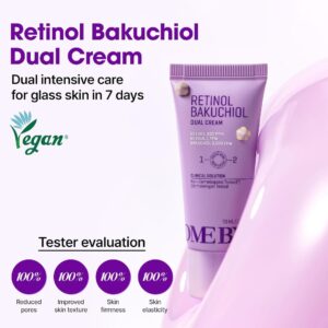 Der vises en lilla tube med Some By Mi - Retinol Bakuchiol Dual Cream, som fremhæver fordele som minimerede porer, glattere tekstur, fastere hud og elasticitet. Vegansk logo og "dobbelt intensiv pleje af glashud på 7 dage" er også vist.