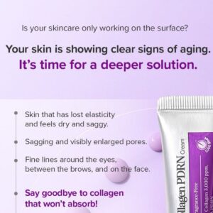 En hudplejeannonce med lilla og hvid tekst fremhæver tegn på aldring - tab af elasticitet, slaphed, forstørrede porer og fine linjer - ved siden af en delvist vist Mary&May - Spicule Collagen PDRN Cream tube.