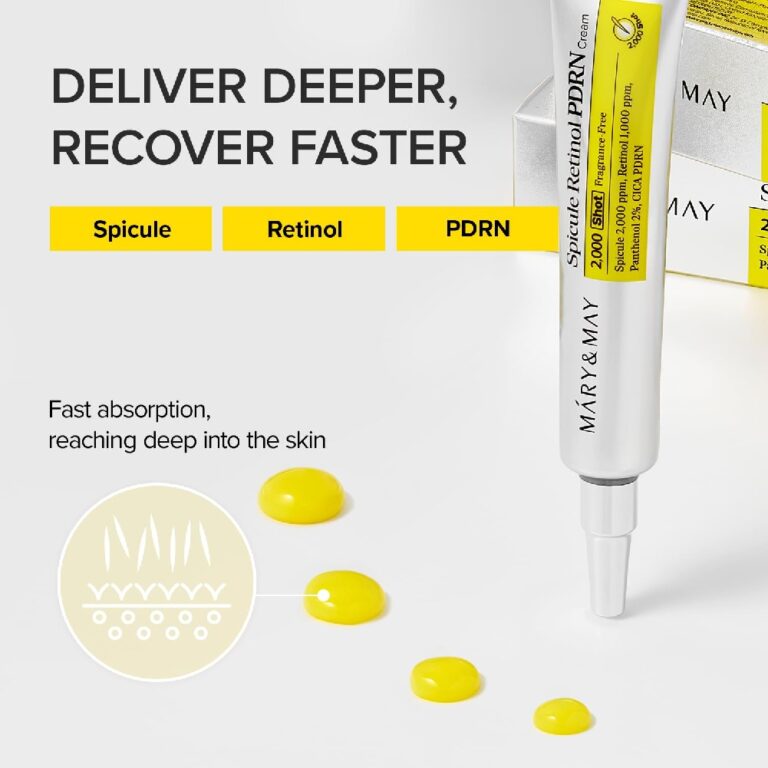 En tube Mary&May - Spicule Retinol PDRN Cream med gule dråber og teksten "Deliver deeper, recover faster." Illustrationen viser, hvordan cremen trænger ind i huden, og fremhæver produktoplysningerne.