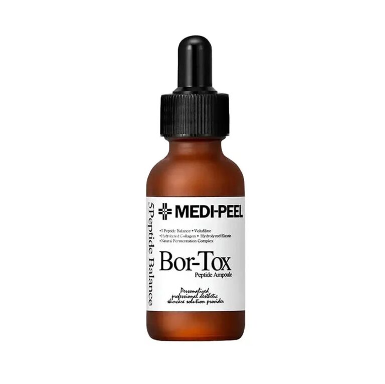 En brun glasdråbeflaske mærket MEDIPEEL - Peptide Tox Bor Ampoule med sort hætte og dråbetæller, med tekst og branding på en hvid baggrund.