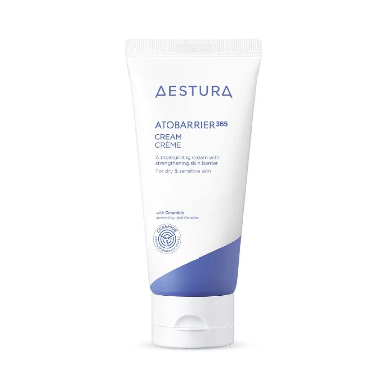 En hvid tube med AESTURA - Atobarrier 365 Cream (Kopier) står oprejst med en blå accent og indeholder ceramider, der hjælper med at styrke hudbarrieren og pleje tør, følsom hud.
