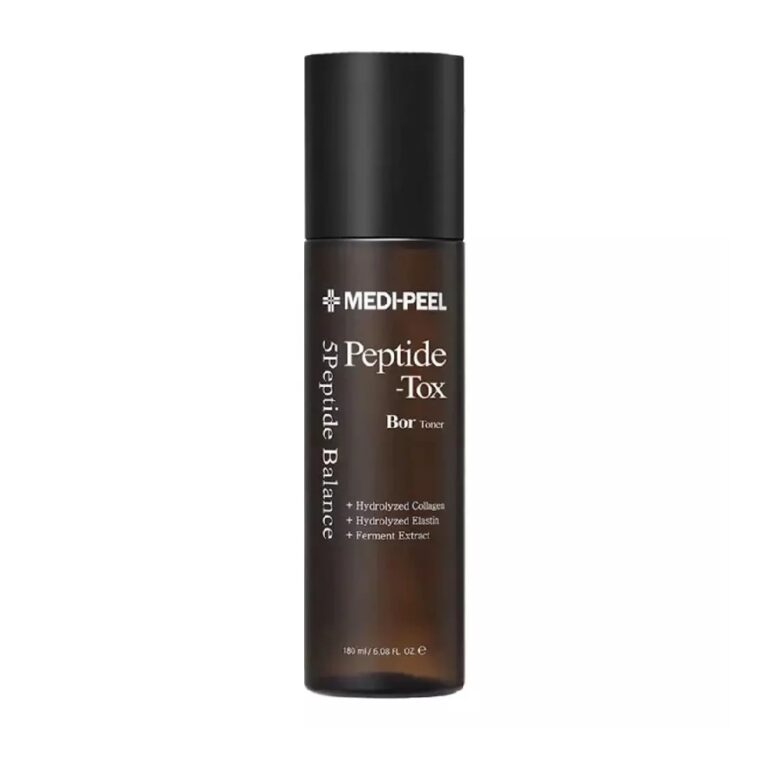 En brun flaske MEDIPEEL - Peptide-Tox Bor Toner med hvid tekst på etiketten, der fremhæver hydrolyseret kollagen, hydrolyseret elastin og fermentekstrakt.