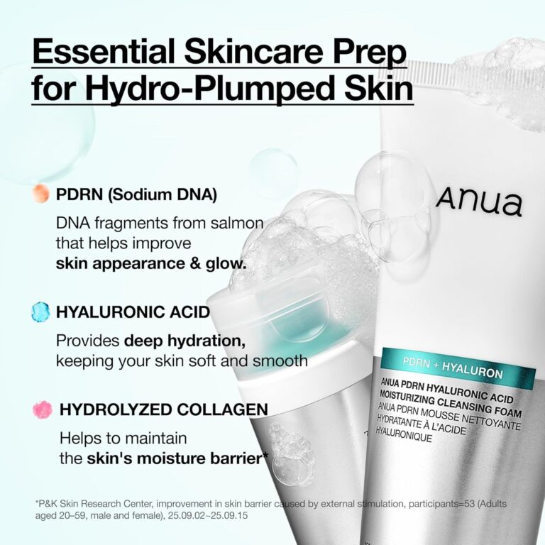 Anua - PDRN Hyaluronic Acid Moisturizing Cleansing Foam er vist på en lyseblå og hvid baggrund, der fremhæver de vigtigste ingredienser: PDRN (lakse-DNA) for glød, hyaluronsyre for hydrering og hydrolyseret kollagen for fugtbarriere.