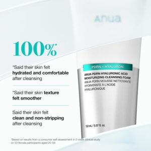 Et billede af Anua - PDRN Hyaluronic Acid Moisturizing Cleansing Foam med tekst: 100 % af brugerne følte sig hydreret, godt tilpas og oplevede en glattere hudstruktur efter brug af Cleansing Foam.