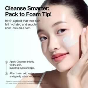 Nærbillede af en kvinde med klar hud og en hvid plet på kinden. Teksten beskriver fordele og instruktioner for Anua - PDRN Hyaluronic Acid Moisturizing Cleansing Foam. Lyseblå baggrund.