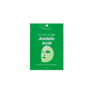 Nineless - My Fit Sheet Mask No.1 Azelaic Acid kommer i en grøn pakke med en hvid sheet mask-illustration og en tekst, der fortæller om dens beroligende, talgkontrollerende og pletfjernende fordele.