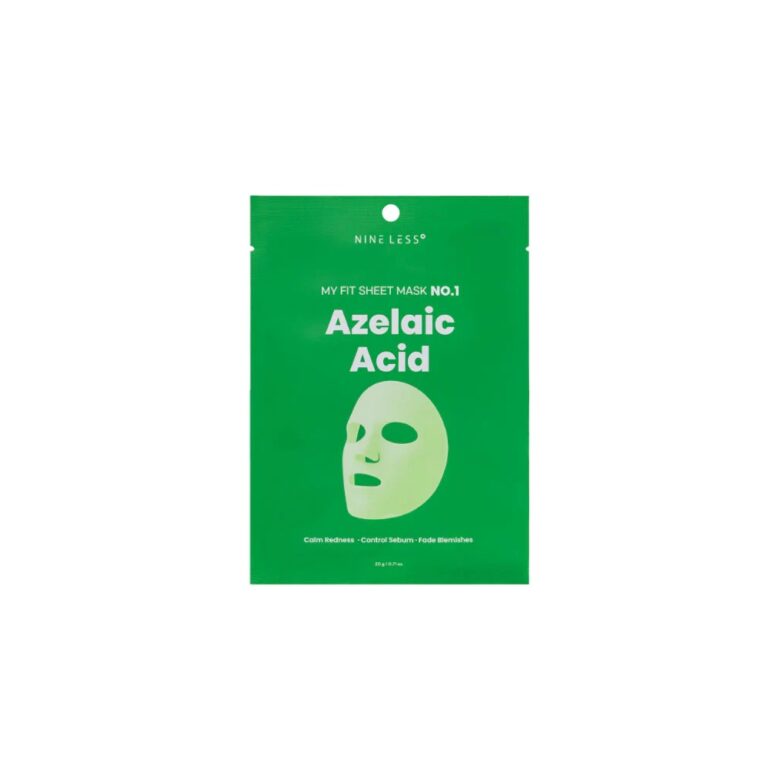 Nineless - My Fit Sheet Mask No.1 Azelaic Acid kommer i en grøn pakke med en hvid sheet mask-illustration og en tekst, der fortæller om dens beroligende, talgkontrollerende og pletfjernende fordele.