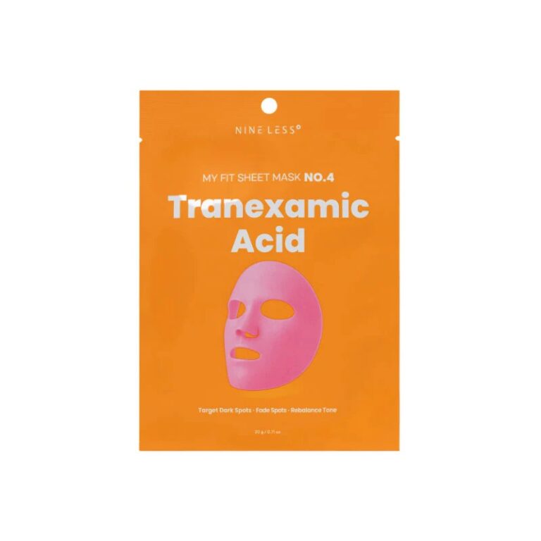 En orange pakke mærket Nineless - My Fit Sheet Mask No.4 Tranexamic Acid med en pink sheet mask-illustration på forsiden.