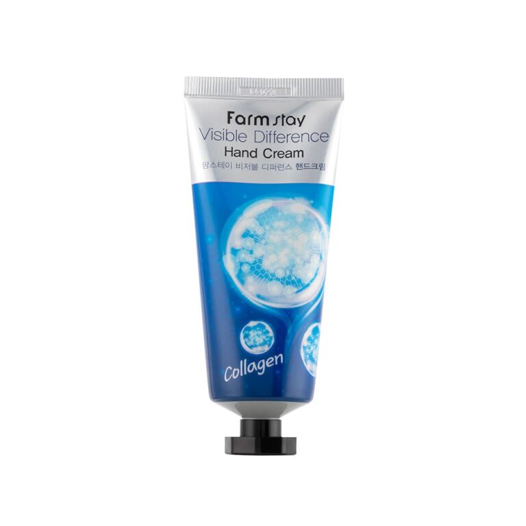 En tube Farm Stay - Visible Difference Hand Cream (Collagen) med et blåt design med molekylebilleder og en sort hætte står oprejst på en hvid baggrund.