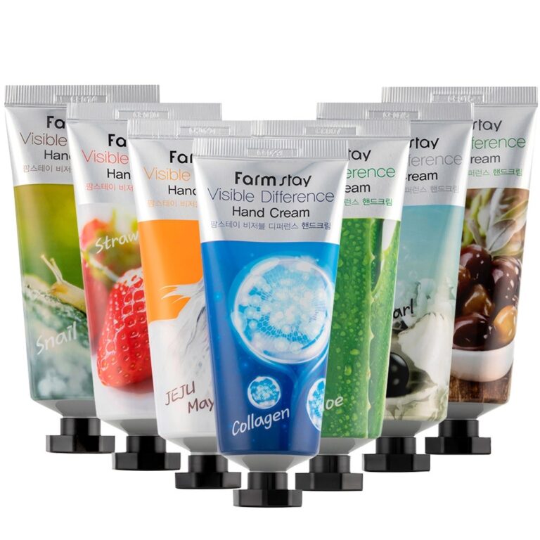 En tube Farm Stay - Visible Difference Hand Cream (Collagen) vises frem i en farverig indpakning, der fremhæver kollagen som den vigtigste ingrediens.