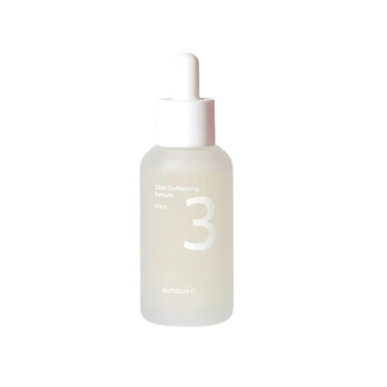En dråbeflaske i klart, matteret glas med påskriften "Numbuzine - No.3 Skin Softening Serum" og en hvid hætte står lodret på en hvid baggrund.