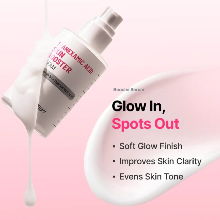 En flaske Meditherapy Tranexamic Acid Skin Booster Cream udleveres ved siden af teksten: Glow In, Spots Out, med punkterne Soft Glow Finish, Improves Skin Clarity, and Evens Skin Tone.