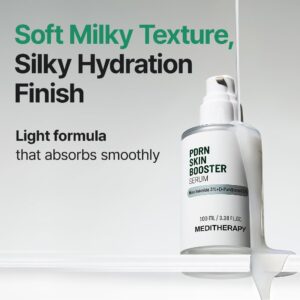 Meditherapy PDRN Skin Booster Serum har en klar flaske med en hvid pumpe og en blød, mælkeagtig konsistens. Det fugtgivende serum har en let formel, der absorberes let, så det er nemt at påføre.
