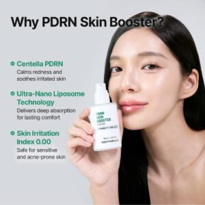 En kvinde med glat, klar hud holder en flaske Meditherapy PDRN Skin Booster Serum. Teksten fremhæver dens fordele: beroliger rødme, absorberes dybt med ultra-nano liposomteknologi og har et hudirritationsindeks på 0,00.
