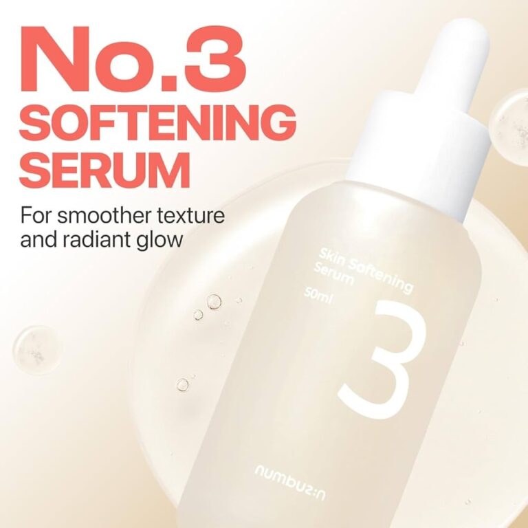 Numbuzine - No.3 Skin Softening Serum med dråbehætte er afbildet på en lys baggrund med bobler, der fremhæver dens fordele for en glattere tekstur og strålende glød.