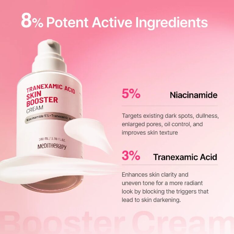 En flaske Meditherapy Tranexamic Acid Skin Booster Cream er afbilledet med creme ved siden af. Teksten fremhæver 5 % niacinamid for glattere hud og 3 % tranexamsyre for klarhed på en lyserød baggrund.