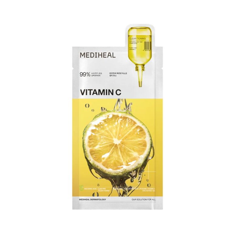 Mediheal - Vitamin C Essential Mask Clear Toning-pakken viser en stor citron i skiver med spruttende saft, en gul serumampul og produktoplysninger på en hvid og gul baggrund for klar hudtoning.
