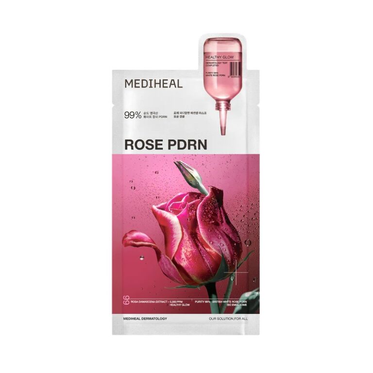 En pink og hvid Mediheal - Rose PDRN Essential Mask Healthy Glow-pakke viser en rose med vanddråber og en pink flaske. Engelsk og koreansk tekst fremhæver 99 % renhed, hudens fordele og en sund glød.