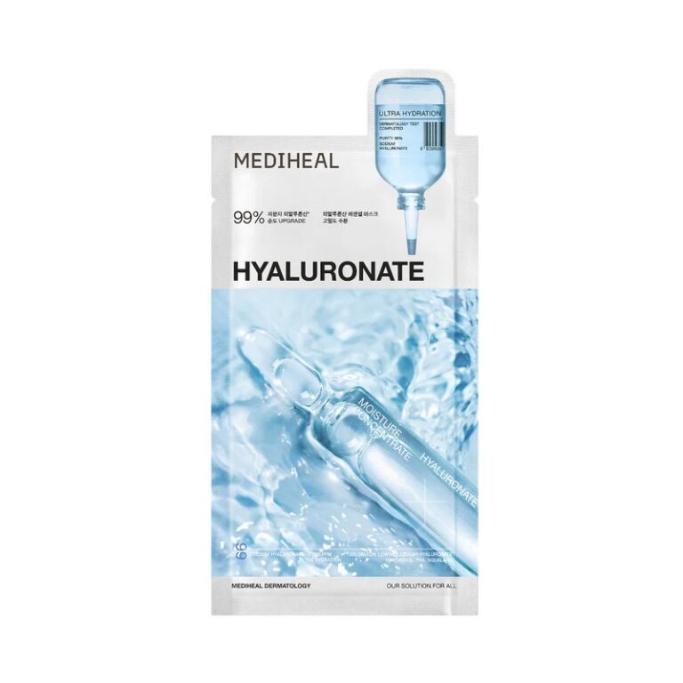 Mediheal - Hyaluronate Essential Mask Ultra Hydration-pakken viser en dråbetæller, der frigiver klar væske i vand, med blå og hvide designelementer og tosproget engelsk og koreansk produktinformation om ultrahydrering.