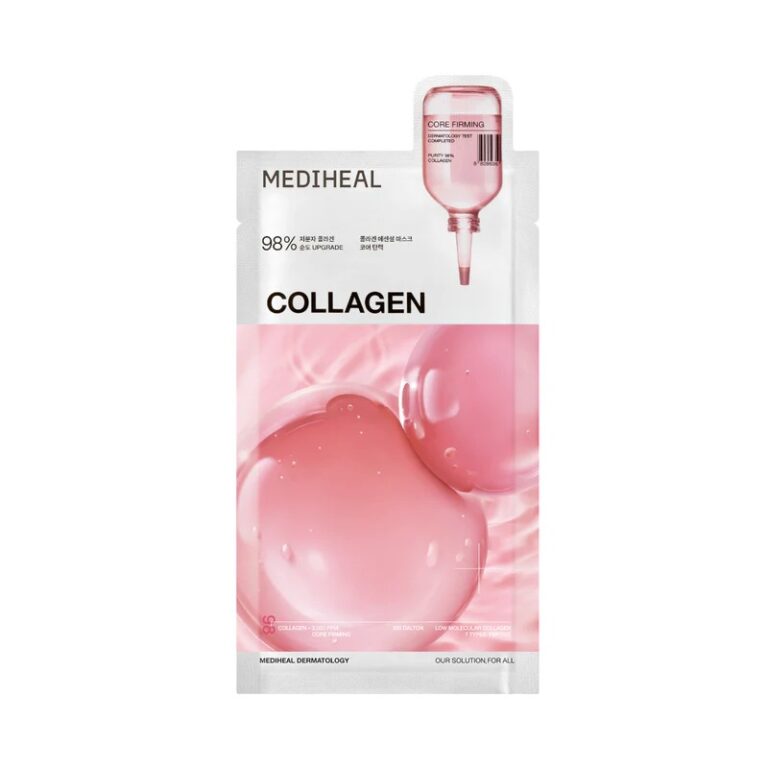 Mediheal - Collagen Essential Mask Core Firming-posen har et pink og hvidt design med kollagenbobler, en illustration af en serumflaske og en tekst, der fremhæver indholdet af 98 % kollagen, som giver en opstrammende effekt på huden.