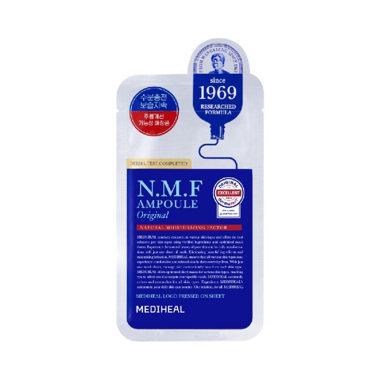 En blå og hvid Mediheal - The N.M.F Ampoule Mask Original-pose viser koreansk og engelsk tekst, et cirkulært "since 1969"-logo og en detaljeret produktbeskrivelse på forsiden.