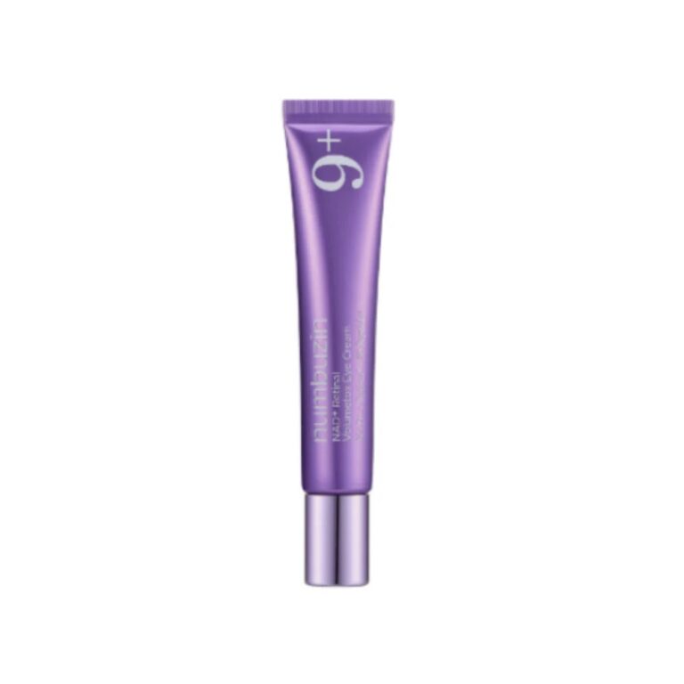 En lilla tube med en sølvfarvet hætte med teksten 9+ og Numbuzin No.9 NAD+ Retinal Volumetox Eye Cream står oprejst på en hvid baggrund, hvilket gør den til en perfekt ledsager til din foretrukne retinale øjencreme.