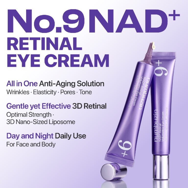 To lilla tuber med Numbuzin - No.9 NAD+ Retinal Volumetox Eye Cream vises på en lyslilla baggrund med tekst, der fremhæver anti-aging fordele, 3D retinal formel og egnethed til dag- og natbrug i ansigtet og på kroppen.