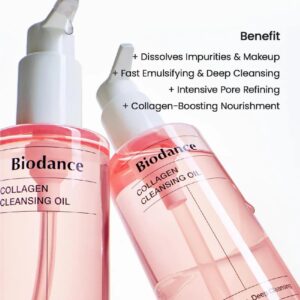 To flasker Biodance - Collagen Cleansing Oil med pink væske og pumpetop renser i dybden, opløser urenheder og makeup, forfiner porerne og booster kollagenet for en næret og strålende hud.