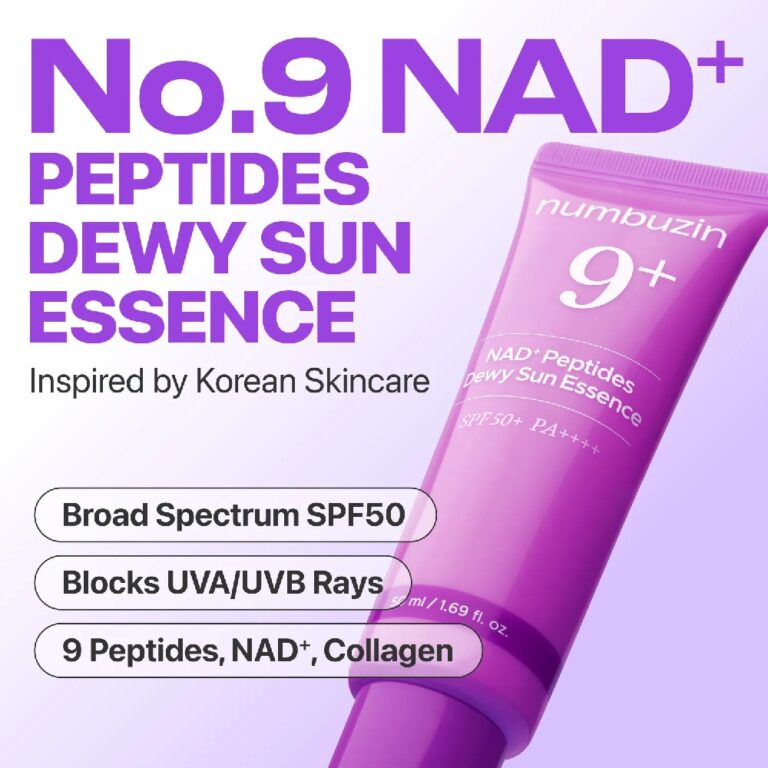 Her ses en lilla tube med Numbuzin - No.9 NAD+ 9 Peptides Dewy Sun Essence med SPF50, UVA/UVB-forsvar og ingredienser som 9 peptider, NAD+ og kollagen.
