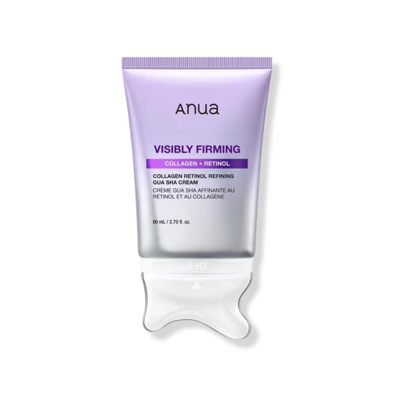 Anua – Collagen Retinol Refining Gua Sha Cream (80 ml) kommer i en tube med farveovergang i lilla og sølv og en gennemsigtig applikator i form af en Gua Sha, hvilket gør det nemt at påføre denne rige kollagencreme.