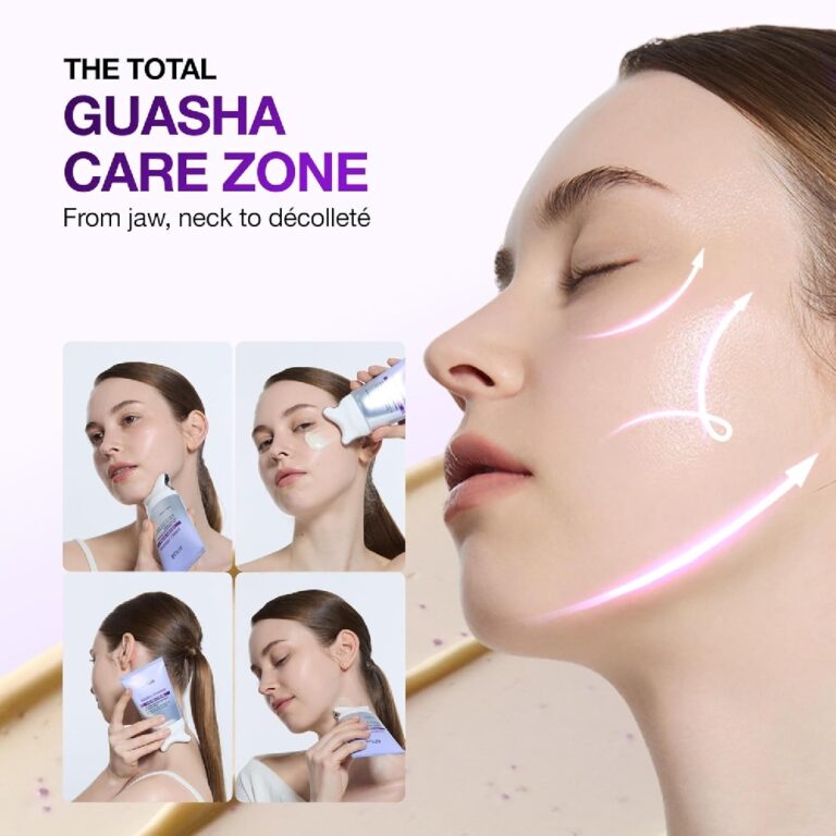 En kvinde påfører Anua – Collagen Retinol Refining Gua Sha Cream på ansigt og hals i fire trin, idet hun følger de opadgående pile. Rutinen lægger vægt på guasha-pleje af kæbe, hals og décolleté. Teksten lyder: »Guasha Care Zone«.