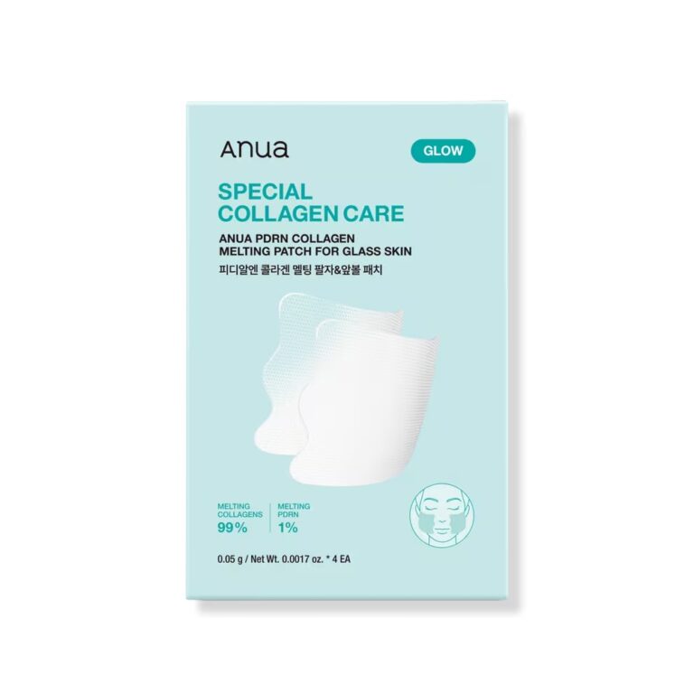 En æske med Anua – PDRN Collagen Melting Patch, hvor to gennemsigtige plaster er afbildet på forsiden, produktoplysningerne er angivet, og æsken har et blå-hvidt design med tekst på både koreansk og engelsk.