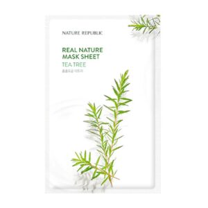 Nature Republic – Real Nature Tea Tree Mask Sheet kommer i en hvid pakke med illustrationer af grønne tea tree-blade og diskret grøn og sort tekst.