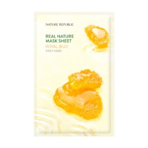 Nature Republic – Real Nature Sheet Mask Royal Jelly fremviser gyldne stykker af honningkage og koreansk tekst på en ren, hvid baggrund.
