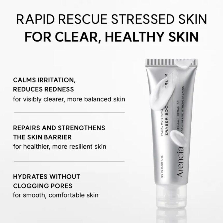 En sølvfarvet tube med Arencia - Eraser Soothing Cream med hvide cremepletter og tekst om at dæmpe irritation, reparere hudbarrieren og give let fugt for en klar, sund hud uden at tilstoppe porerne.