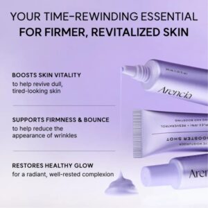 Der vises tre lavendelfarvede tuber af Arencia – NAD+ Booster Shot med creme, der er presset ud. Teksten fremhæver fordelene: øger hudens vitalitet, styrker fasthed og spændstighed og gendanner en sund glød for en revitaliseret hud.