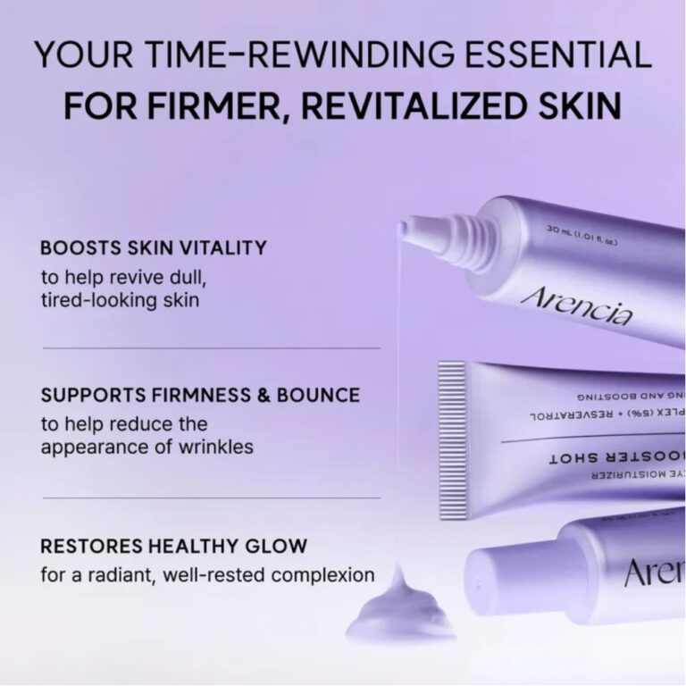 Der vises tre lavendelfarvede tuber af Arencia – NAD+ Booster Shot med creme, der er presset ud. Teksten fremhæver fordelene: øger hudens vitalitet, styrker fasthed og spændstighed og gendanner en sund glød for en revitaliseret hud.