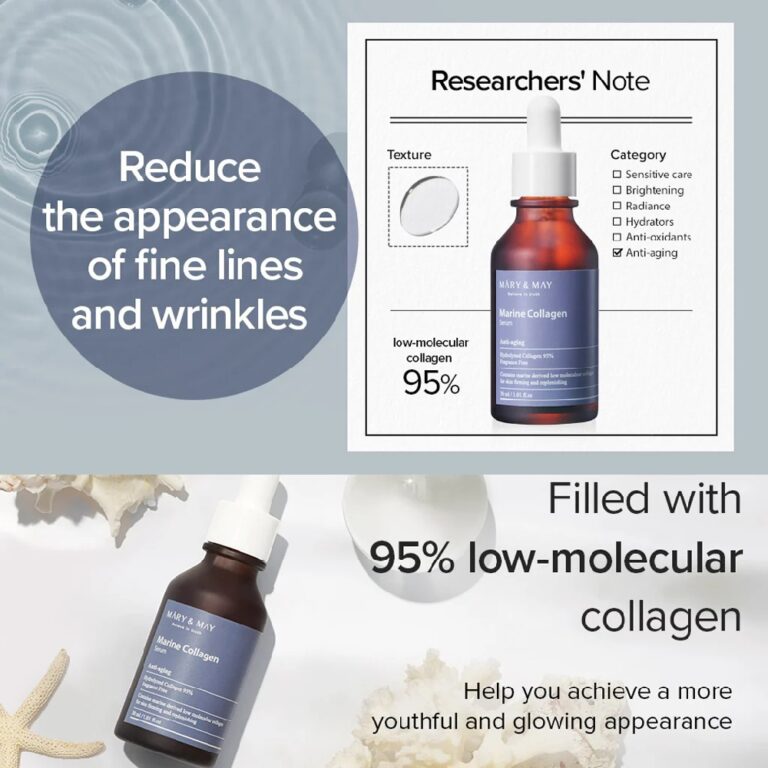 Her præsenteres Mary & May – Marine Collagen Serum, hvor dets fordele fremhæves: 95 % lavmolekylært kollagen hjælper med at mindske fine linjer og rynker, fugter huden i dybden og fremmer et ungdommeligt, strålende udseende.