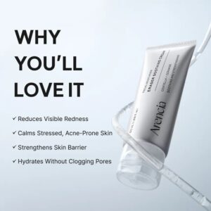 En tube Arencia - Eraser Soothing Cream med en klar applikator vises på en lys baggrund. Teksten fremhæver fordelene: reducerer rødme, beroliger akneudsat hud, styrker barrieren og fugter uden at tilstoppe porerne.