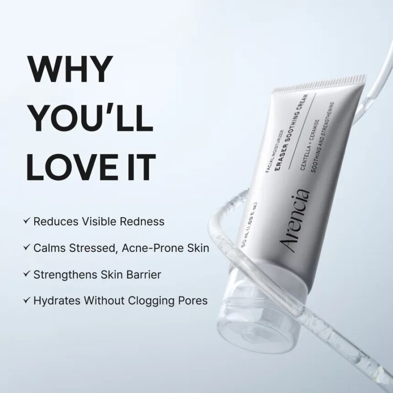 En tube Arencia - Eraser Soothing Cream med en klar applikator vises på en lys baggrund. Teksten fremhæver fordelene: reducerer rødme, beroliger akneudsat hud, styrker barrieren og fugter uden at tilstoppe porerne.
