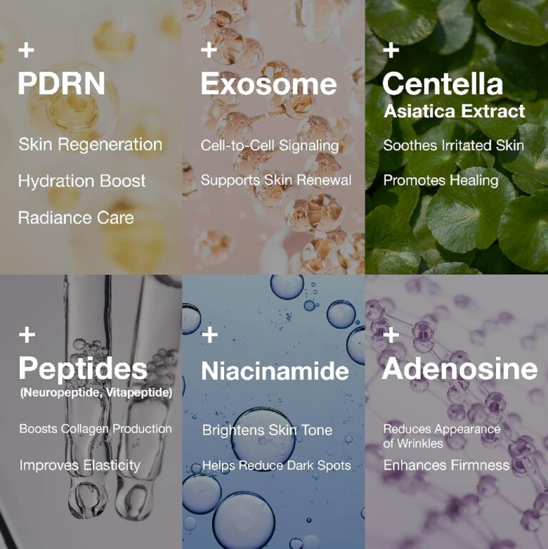 Et gitterbillede viser seks vigtige ingredienser til hudpleje – PDRN, eksosomer, Centella Asiatica-ekstrakt, peptider, niacinamid og adenosin – hvor hver enkelt fremhæver sine foryngende egenskaber på livlige baggrunde. Ideelt til at fremhæve de vigtigste egenskaber ved Rejuveon – PDRN Cream.